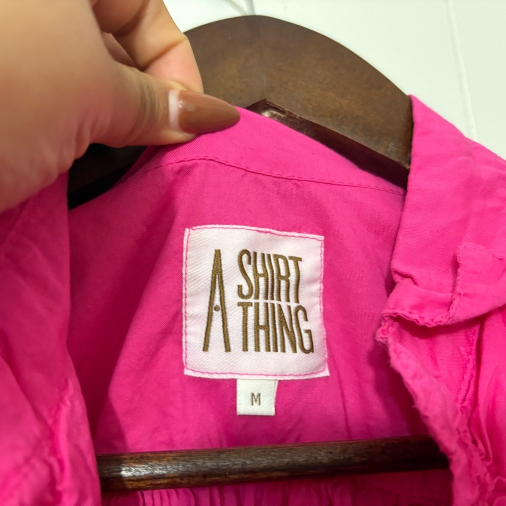 A Shirt Thing Fuchsia Ruffle V-Neck Blouse Top Medium Pink Cotton Boho Flowy - Picture 5 of 9